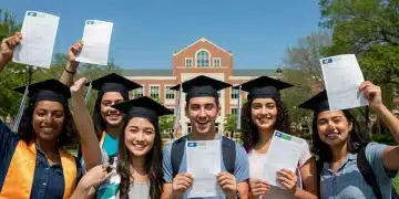 Students celebrating high AP scores at college campus entrance