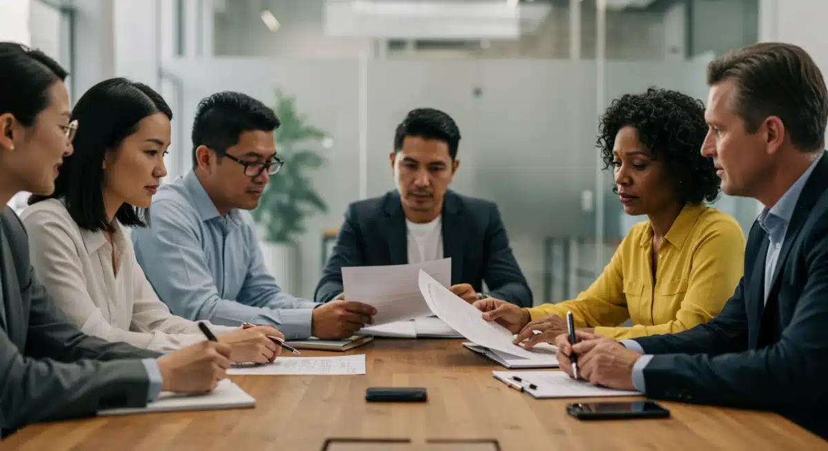 Diverse individuals reviewing disability benefit documents together, symbolizing community support and legal guidance.