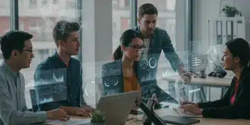 Professionals collaborating on emerging STEM technologies in a modern office