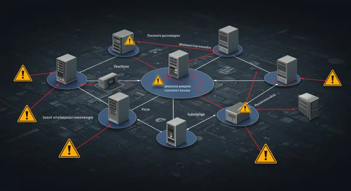 Complex enterprise network infrastructure with highlighted vulnerabilities