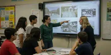 Students and teacher discussing K-12 curriculum changes on an interactive whiteboard