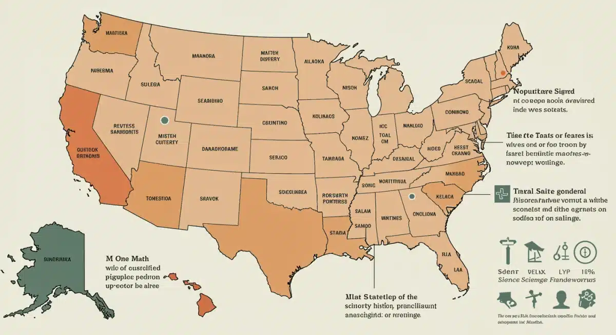Infographic map showing state-specific K-12 curriculum updates across the US