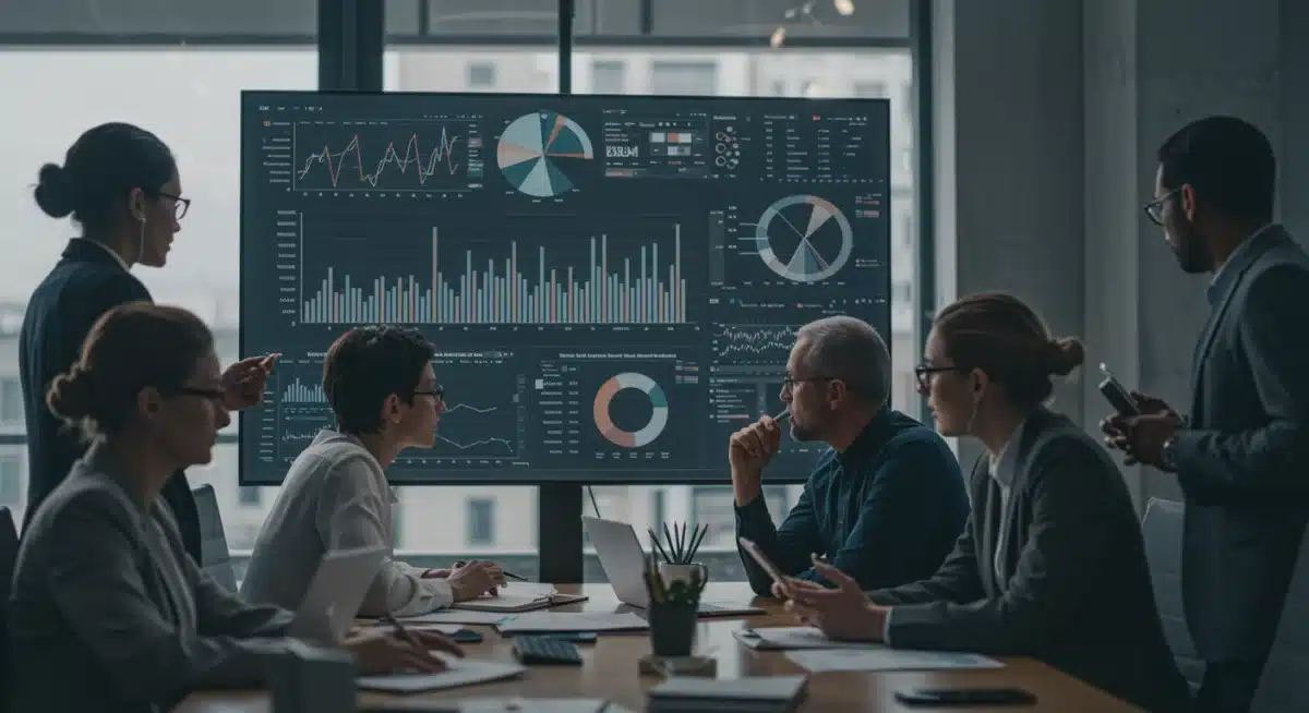 Professionnels analysant des graphiques financiers, discutant des impacts des taux d'intérêt de la Fed sur les prêts.