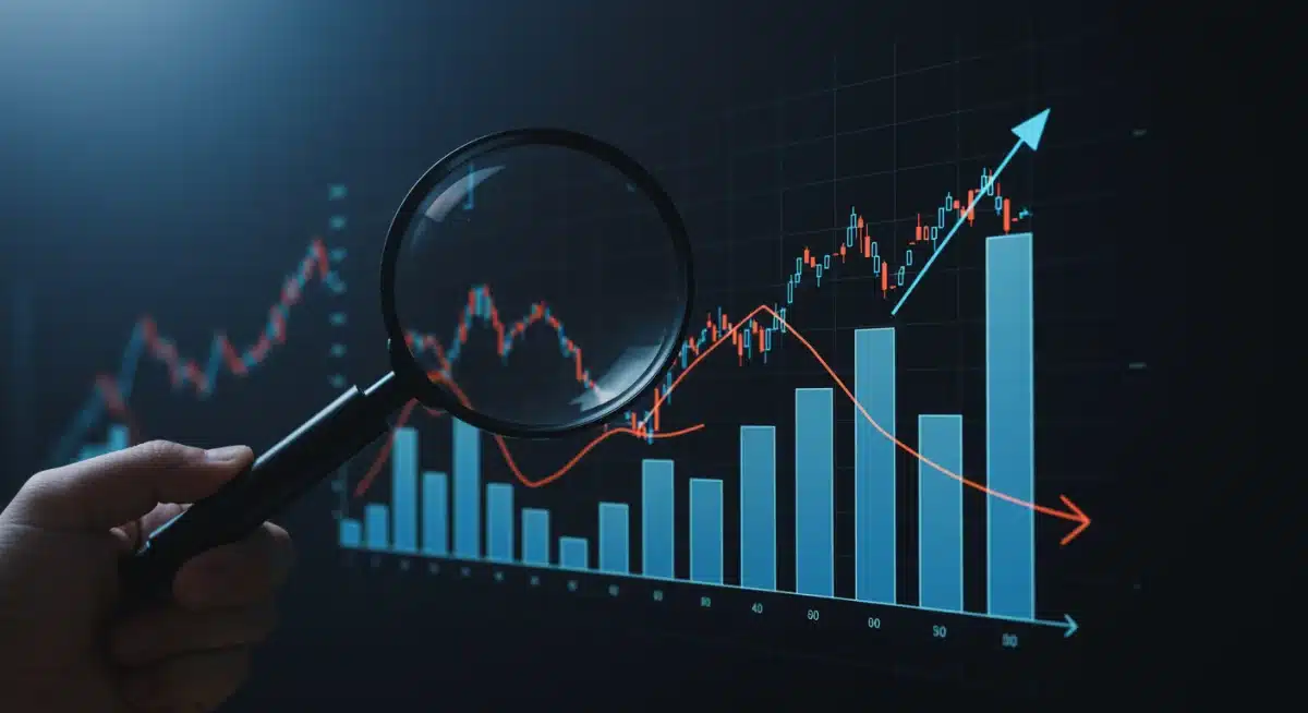 Loupe stylisée analysant les fluctuations de parts de marché, symbolisant la détection des menaces concurrentielles.