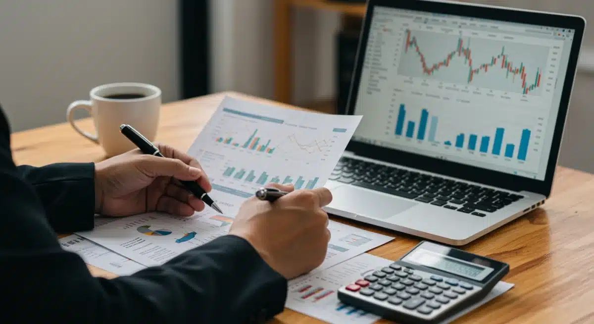 Personne analysant des documents financiers et un portefeuille d'investissement sur un ordinateur portable.