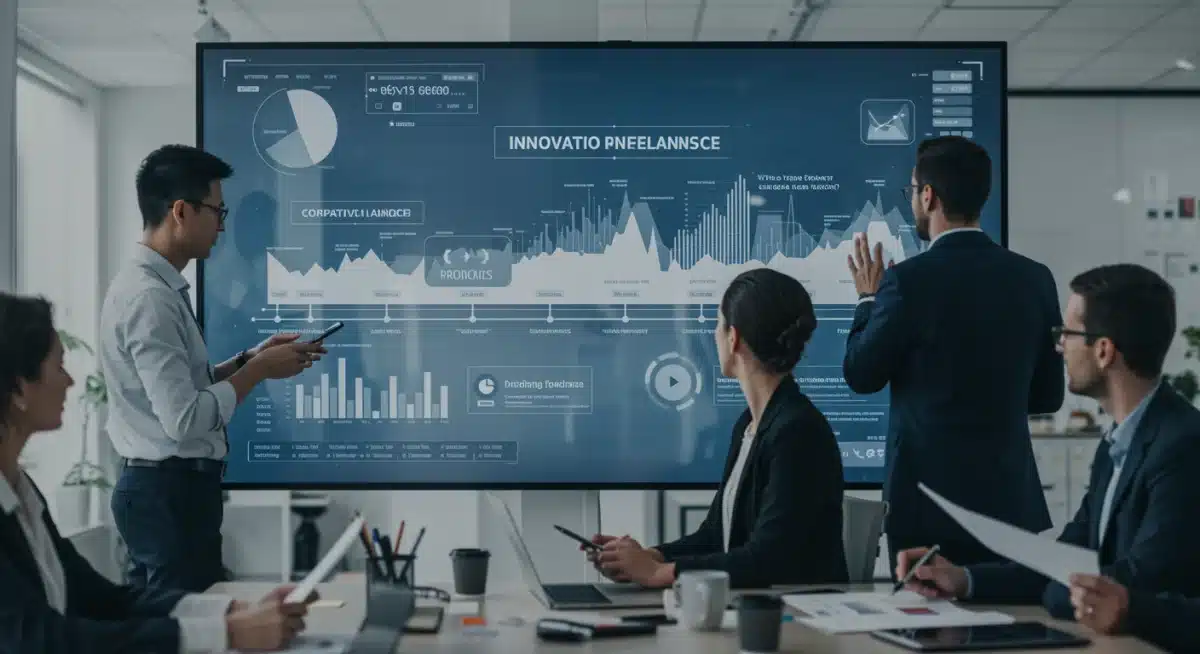 Professionnels analysant des rapports de veille concurrentielle sur un écran interactif, planifiant des stratégies d'innovation en France.