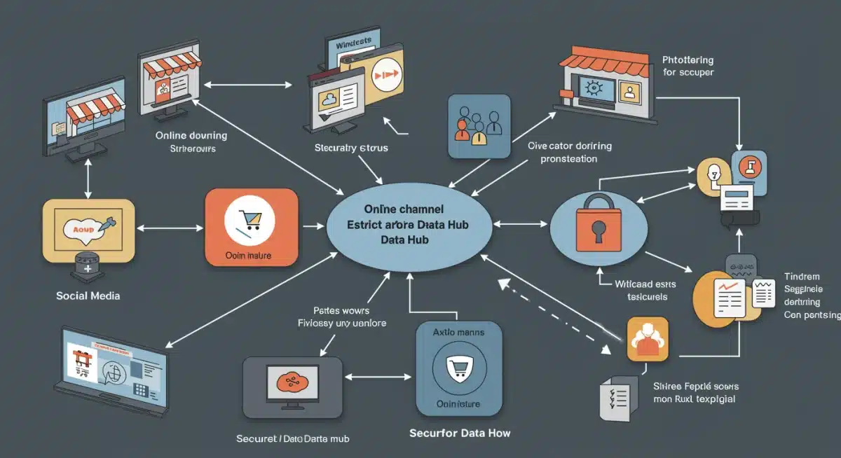 Schéma d'architecture de données illustrant la collecte et la gestion sécurisée des données client via divers canaux omnicanaux.