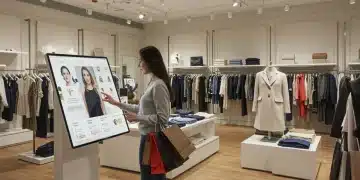 Boutique de mode française moderne intégrant des écrans tactiles pour une expérience d'achat omnicanale fluide, avec des vêtements élégants exposés.