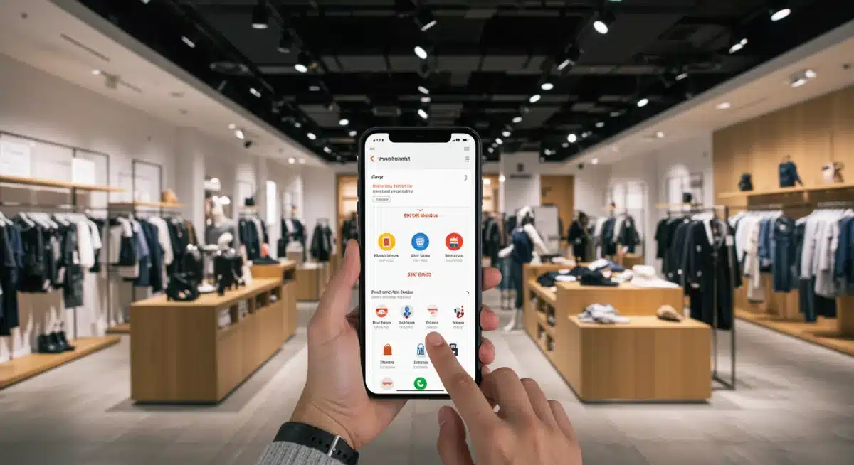 Client utilisant une application mobile pour vérifier la disponibilité d'un article de mode en magasin, illustrant l'intégration omnicanale.