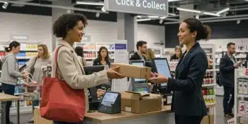 Client récupérant une commande au comptoir Click & Collect dans un magasin moderne en France