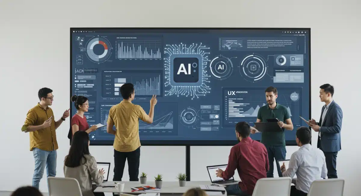 Professionnels analysant des données UX générées par l'IA sur un écran interactif, symbolisant la collaboration en optimisation UX.