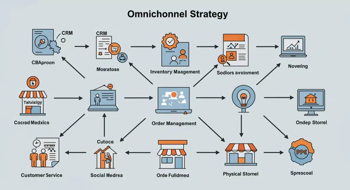 Infographie détaillant les composants clés d'une stratégie omnicanale réussie pour l'e-commerce, incluant la gestion des stocks, le CRM et les canaux de vente.