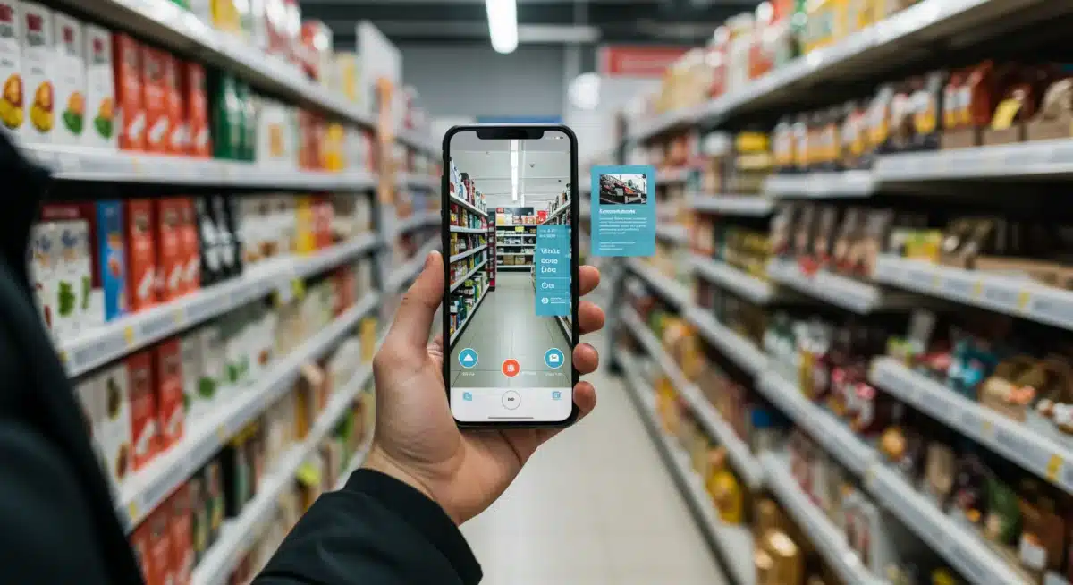 Client français scannant un produit en magasin avec une application mobile, illustrant l'intégration numérique en point de vente.