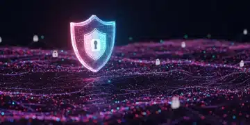 Paysage numérique futuriste avec un bouclier de cybersécurité protégeant les données et réseaux en France en 2025.