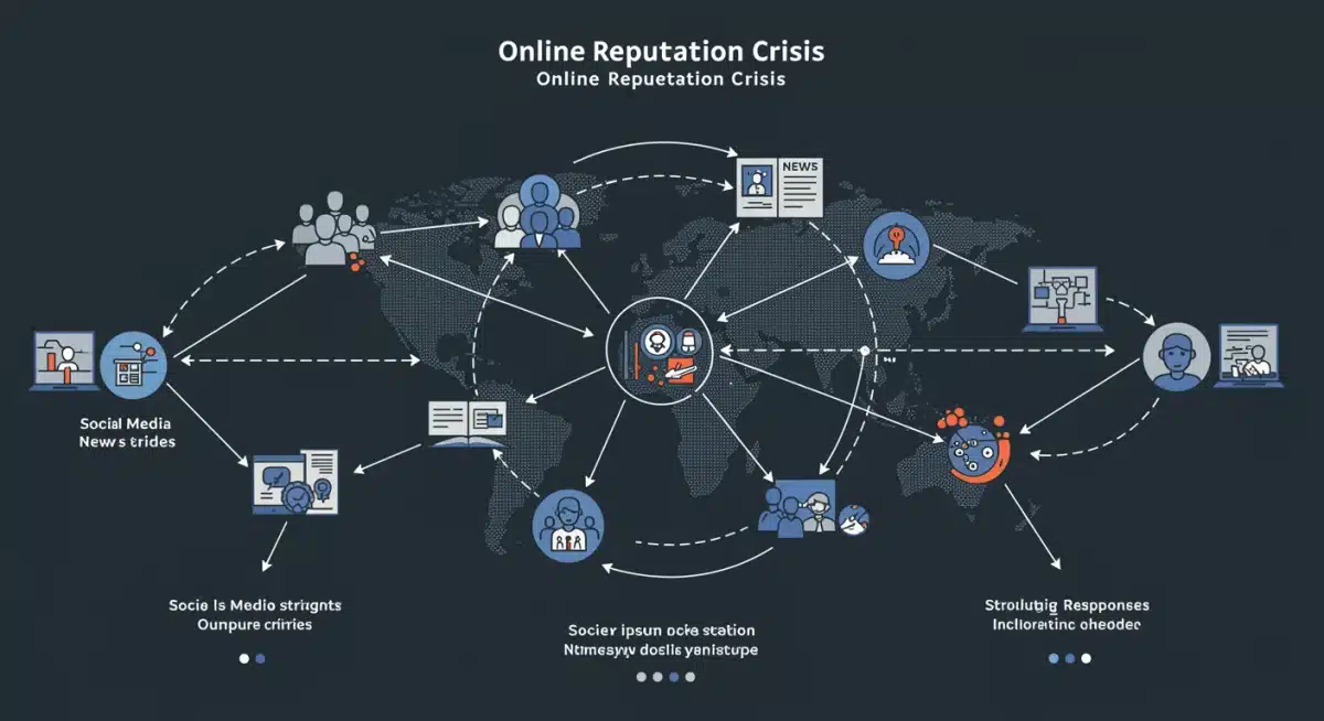 Infographie illustrant le cycle de vie d'une crise de réputation en ligne, de son déclenchement à sa résolution, avec les interactions des médias sociaux et des réponses stratégiques.