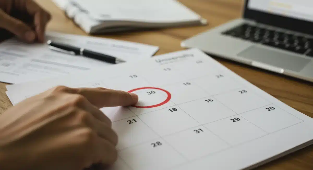 Gros plan d'un calendrier affichant le 30 juin encerclé de rouge, avec une main pointant la date, des formulaires de candidature de bourses et un ordinateur portable en arrière-plan flou.