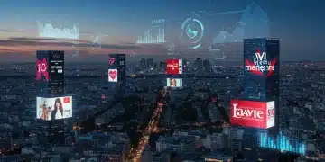 Illustration des tendances des dépenses publicitaires en France pour 2025, avec des éléments numériques et des marques françaises.