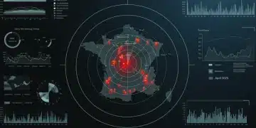 Écran de radar numérique montrant des menaces concurrentielles sur une carte de France, avec des indicateurs d'alerte précoce pour avril 2025.
