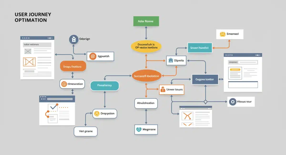 Diagramme de flux utilisateur montrant les parcours et les points d'optimisation potentiels sur un site web.