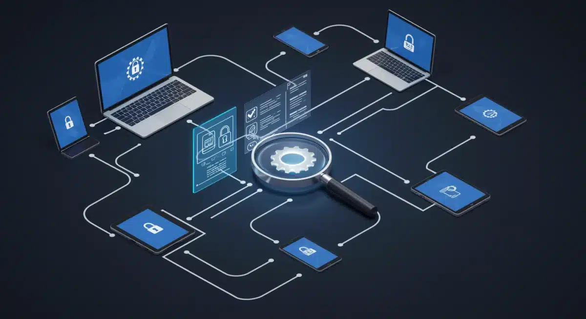 Écosystème digital complexe avec des appareils connectés, soulignant la confidentialité et la conformité des données