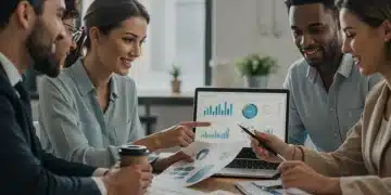 Employés examinant des documents de planification des avantages sociaux et des graphiques sur les coûts de santé dans un bureau moderne.