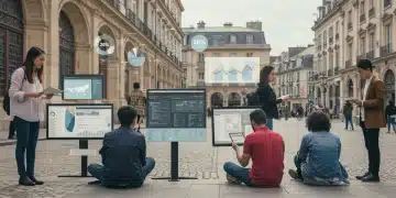 Utilisateurs engagés interagissant avec des interfaces numériques modernes en France, illustrant l'optimisation UX.