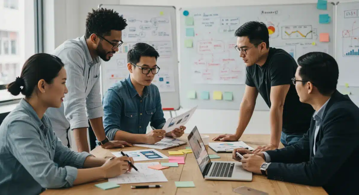 Équipe collaborant sur l'analyse de données UX et l'impact commercial