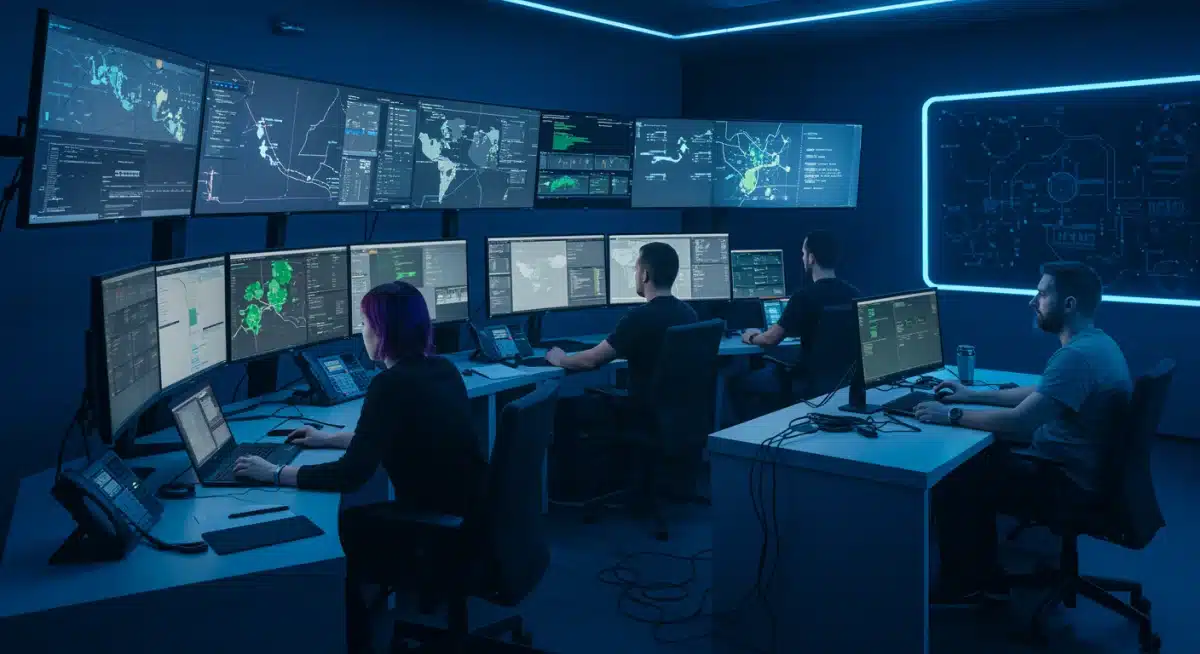 Équipe d'experts en cybersécurité analysant les menaces dans un centre d'opérations sécurisé.