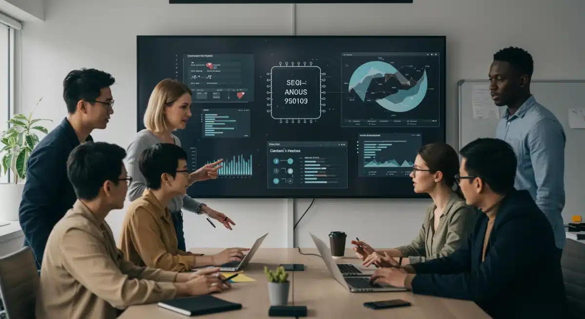 Équipe marketing analysant des données SEO générées par l'IA pour optimiser les stratégies numériques.