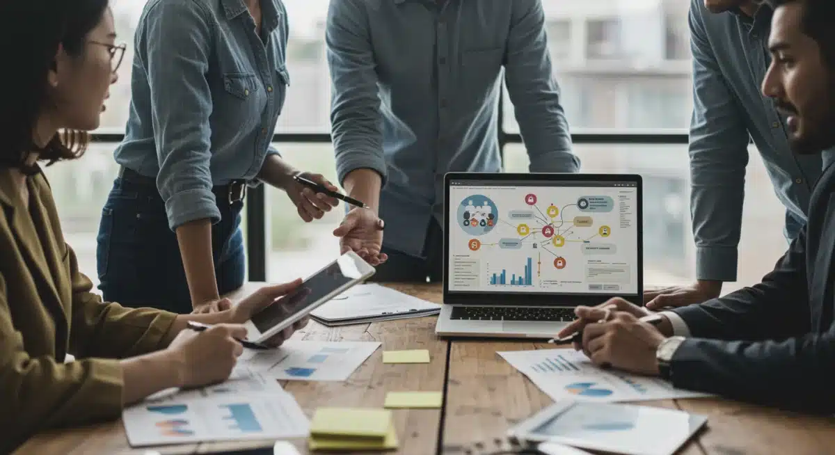 Équipe collaborant autour d'une carte du parcours client, symbolisant l'intégration des données omnicanales.