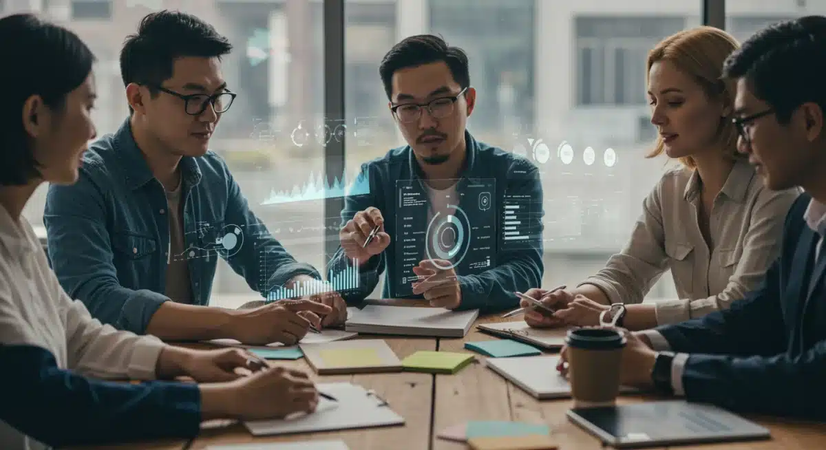 Professionnels collaborant autour d'un tableau de bord numérique, planifiant des stratégies de marketing digital durable en France pour 2025.