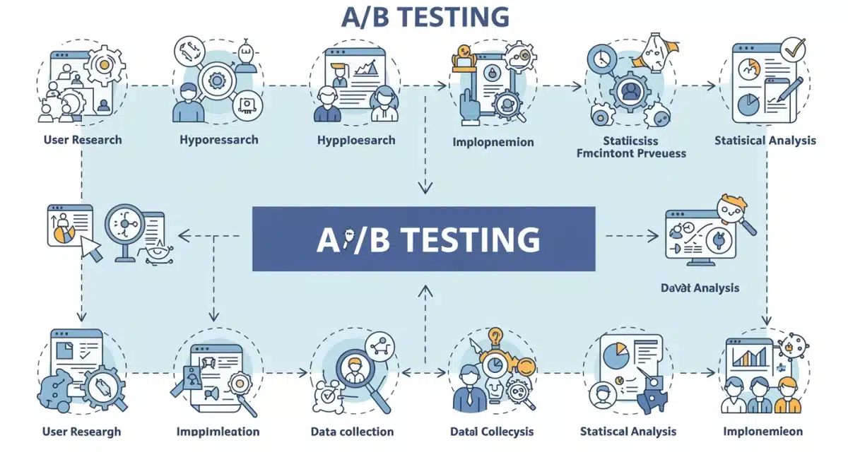 Infographie détaillant les étapes clés du processus de test A/B, de la formulation de l'hypothèse à l'analyse des données.