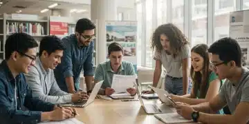 Groupe d'étudiants diversifié discutant des candidatures de bourses d'études dans une bibliothèque moderne, avec des ordinateurs portables et des documents sur la table, et des livres en arrière-plan.