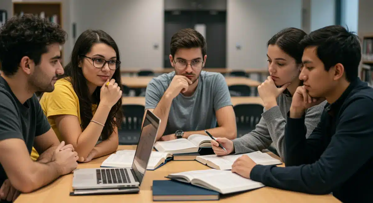 Étudiants discutant de leurs options de financement et de la gestion de leurs prêts, dans une bibliothèque moderne.