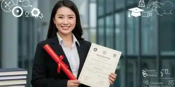 Femme souriante avec diplôme, en arrière-plan un bureau moderne et des symboles éducatifs, représentant la réussite grâce aux avantages employeur.