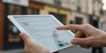 Main d'un utilisateur interagissant avec un formulaire en ligne ergonomique sur une tablette, avec des éléments d'architecture française en arrière-plan.