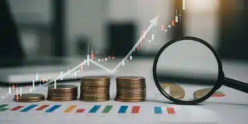 Graphique financier en croissance avec des pièces de monnaie et une loupe, symbolisant la réduction des frais d'investissement.