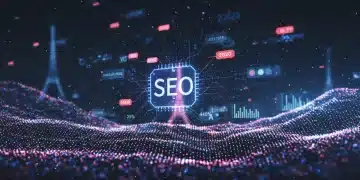 Illustration de l'impact de l'IA sur le SEO en 2025 en France, avec des réseaux neuronaux et des graphiques de référencement.