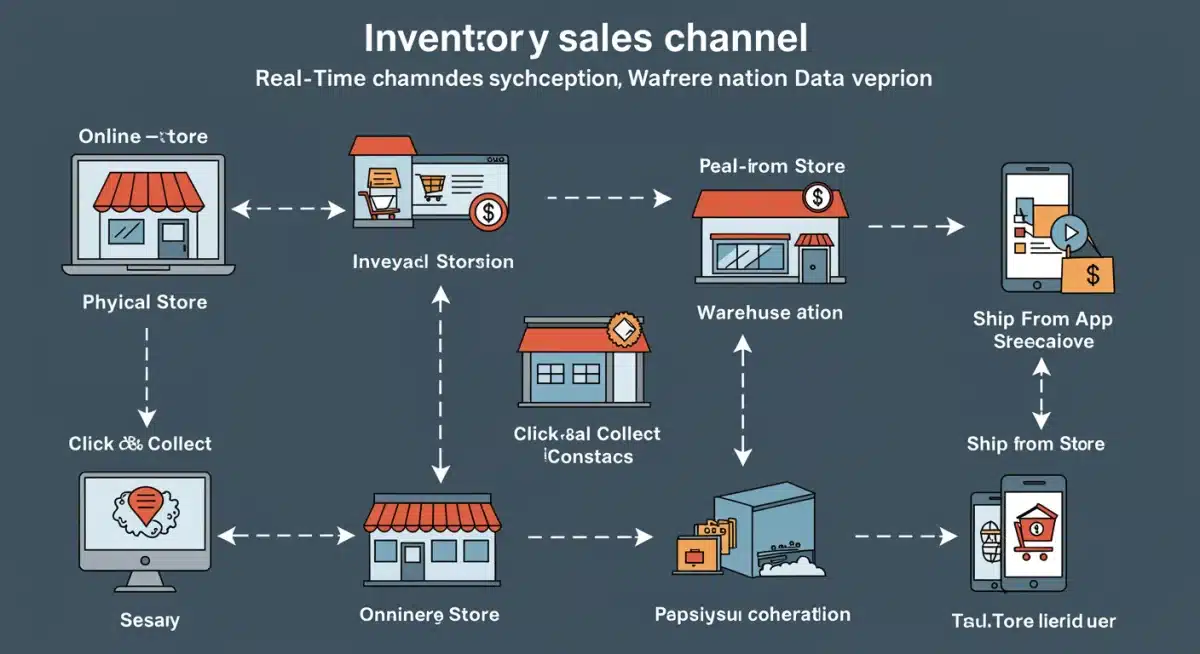 Infographie illustrant la synchronisation des stocks entre les canaux de vente en ligne et physiques.