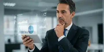 Un leader français analysant sa réputation en ligne sur une tablette, avec des indicateurs numériques et des flux de médias sociaux.