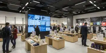 Intérieur de magasin français moderne avec affichage de stock omnicanal et clients engagés.
