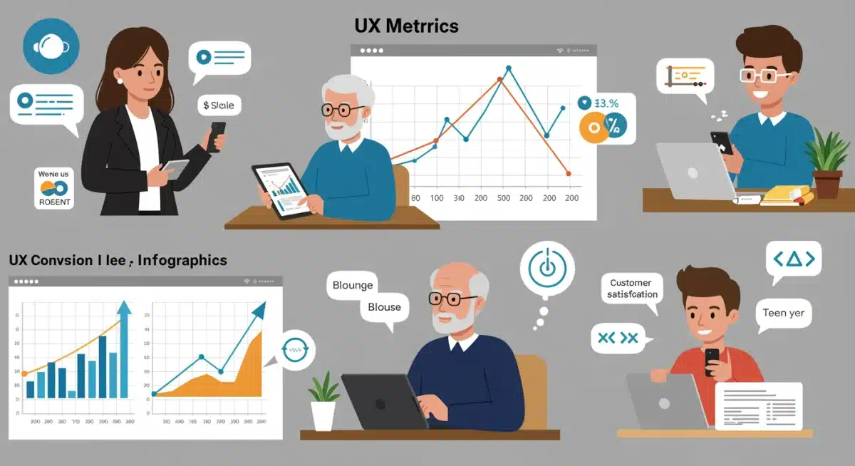 Infographie présentant des métriques UX clés telles que le taux de conversion et la satisfaction client, avec des graphiques ascendants.