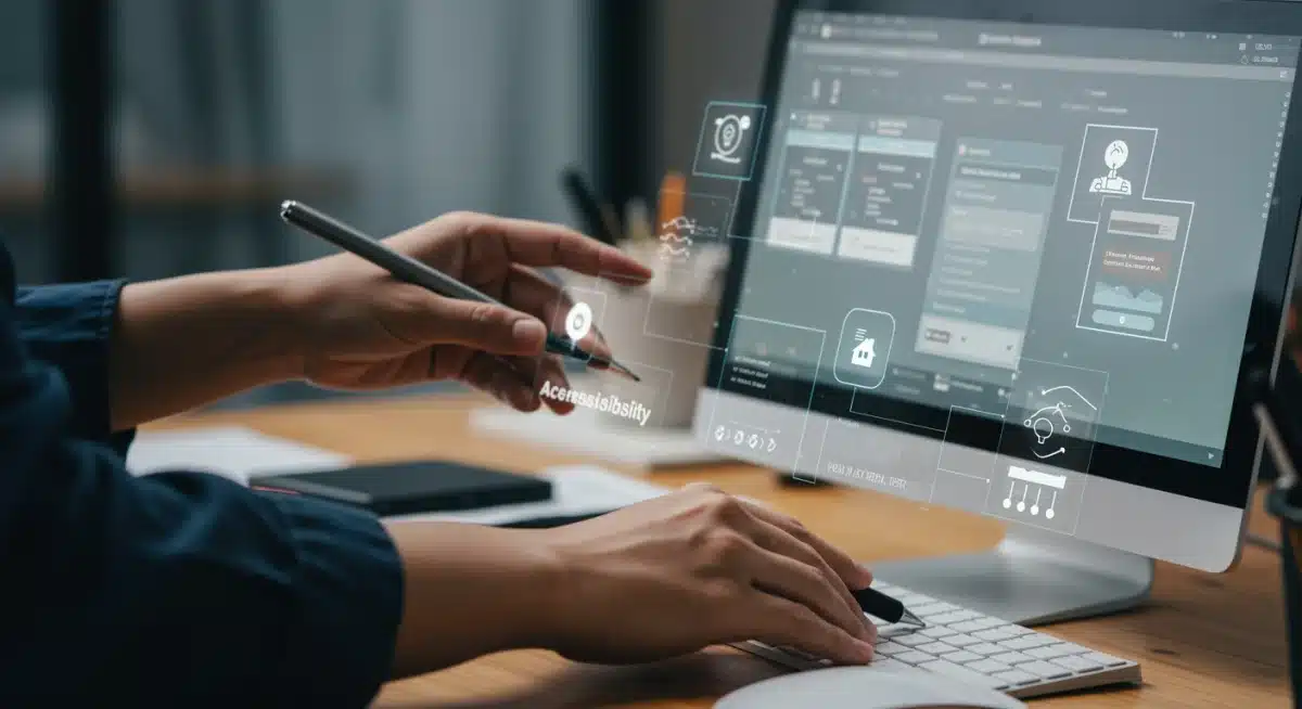 Designer travaillant sur l'optimisation UX pour l'accessibilité, utilisant des outils de vérification de contraste et de navigation.