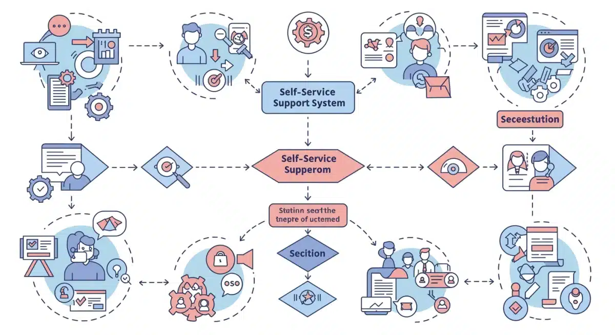 Schéma d'un parcours client optimisé via un portail d'auto-assistance, démontrant l'efficacité et la réduction des interactions humaines nécessaires.