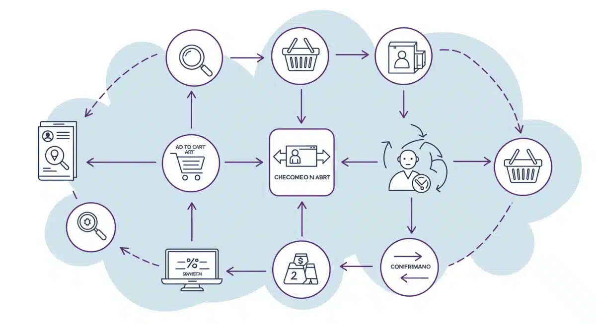 Schéma illustrant le parcours client fluide sur un site e-commerce, de la recherche à la confirmation de commande.
