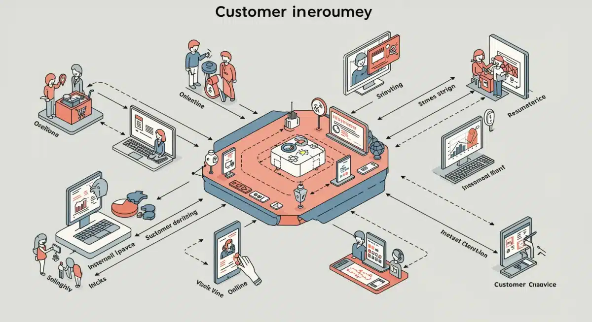 Infographie détaillée du parcours client omnicanal, avec des points de contact digitaux et physiques et des indicateurs de mesure.