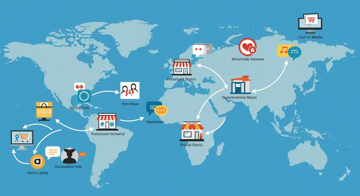 Carte du parcours client omnicanal, illustrant les interactions à travers divers points de contact numériques et physiques.