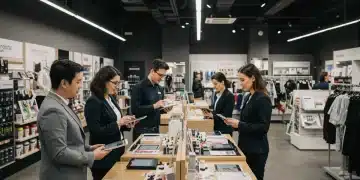 Personnel de vente moderne utilisant des outils numériques en magasin pour une expérience client omnicanale.
