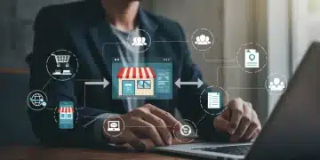 Illustration d'une plateforme e-commerce moderne intégrant divers canaux de vente et de communication pour une expérience omnicanale fluide.