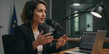 Professionnelle française enregistrant un podcast en studio